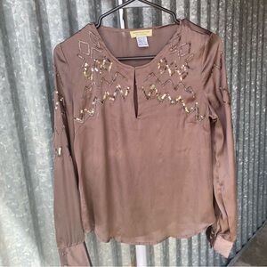 Y2K Brown Satin Beaded Long Sleeve Blouse Size Medium
